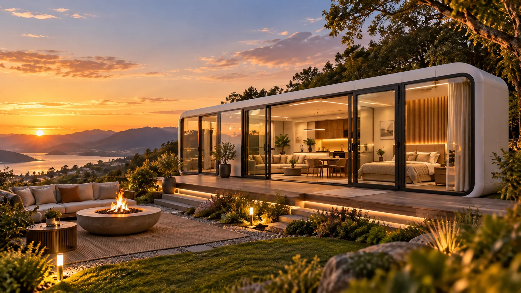 夕陽湖畔的奢華模組小屋-移動屋-組合屋的蘋果艙